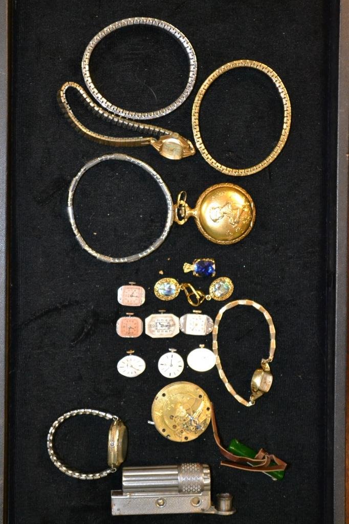 Grouping Of Watches & Watch Movements: Grouping Of Watches & Watch Movements including: Hamilton Wrist Watch, Bulova Wrist Watch, Illionois Watch Movement # 508042, along w/ bakelite pin, a pair of SS earrings