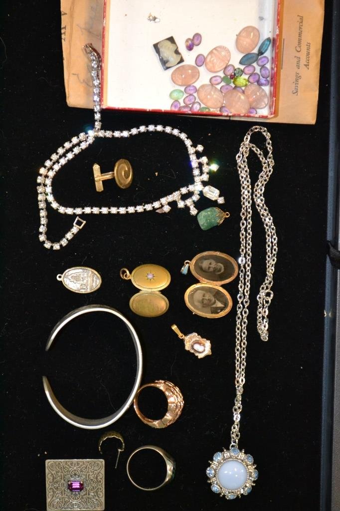 Victorian Grouping & Other Jewelry: Victorian Grouping of 3 victorian Lockets, 2 rings, 1 rhinestone costume necklace, etc