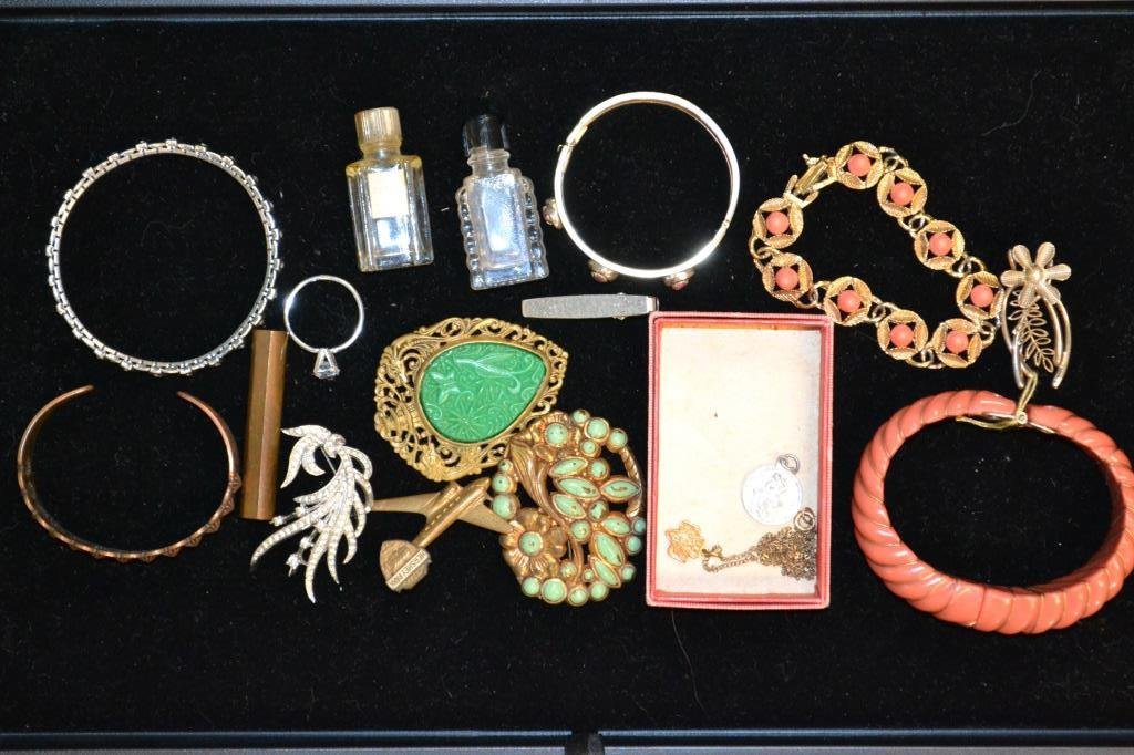Grouping Of Vintage Costume Jewelry: Grouping Of Vintage Costume Jewelry including: Vintage T.L. Purfume Bottle, Trifari Bracelet w/ orange stones, Pins, Bracelets, etc