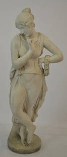 Late 19th c. Early 20th c. Marble Statue of Woman: Late 19th c. Early 20th c. Marble Statue of a Woman Approx 43" h. Minor chips on back. Loss of pinky and ring finger. Finely carved