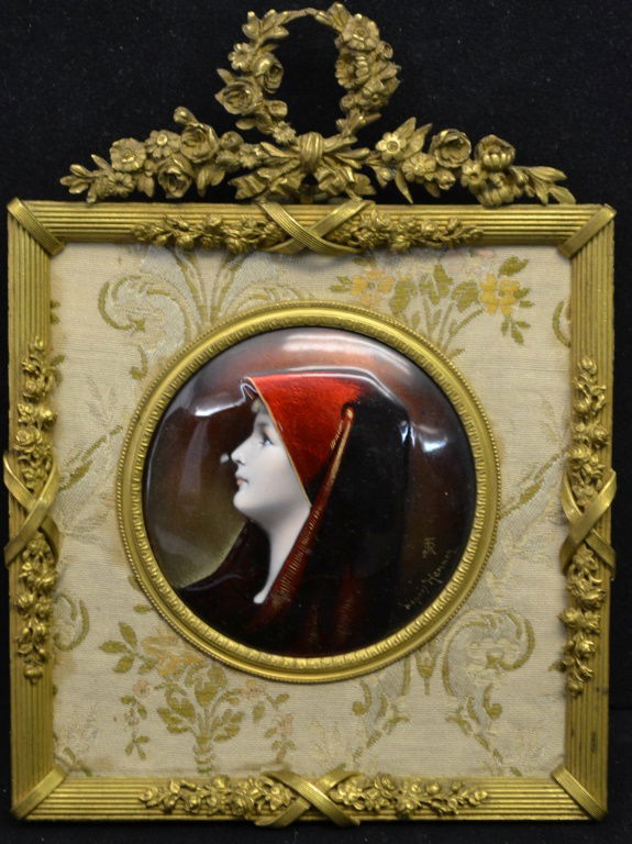 Limoges Enamel on Copper Plaque Lady in Red (1 of 3)