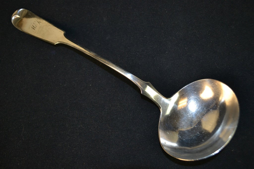 RW Wilson Coin Silver Ladle Philadelphia 1825-46: RW Wilson Coin Silver Ladle Philadelphia 1825-46; measuring 13.5" L; weighing 5.1 ozt