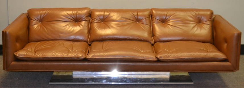 Warren Platner, Lehigh Leopold Sofa: Warren Platner, Lehigh Leopold Sofa; Three-seat sofa, circa 1970, USA, walnut, stainless steel, brown leather; unmarked; 27 1/2'' x 93'' x 32'' Good original condition, veneer chips to edges and some