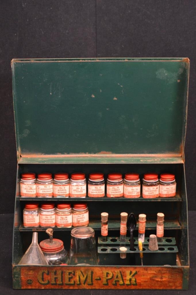 Early Tin Chem - Pak Chemistry Set: Early Tin Chem - Pak no.6, by Chicago Appartus Co. including: beaker, tubes of chemicals, etc. (some oxidation to tin box)