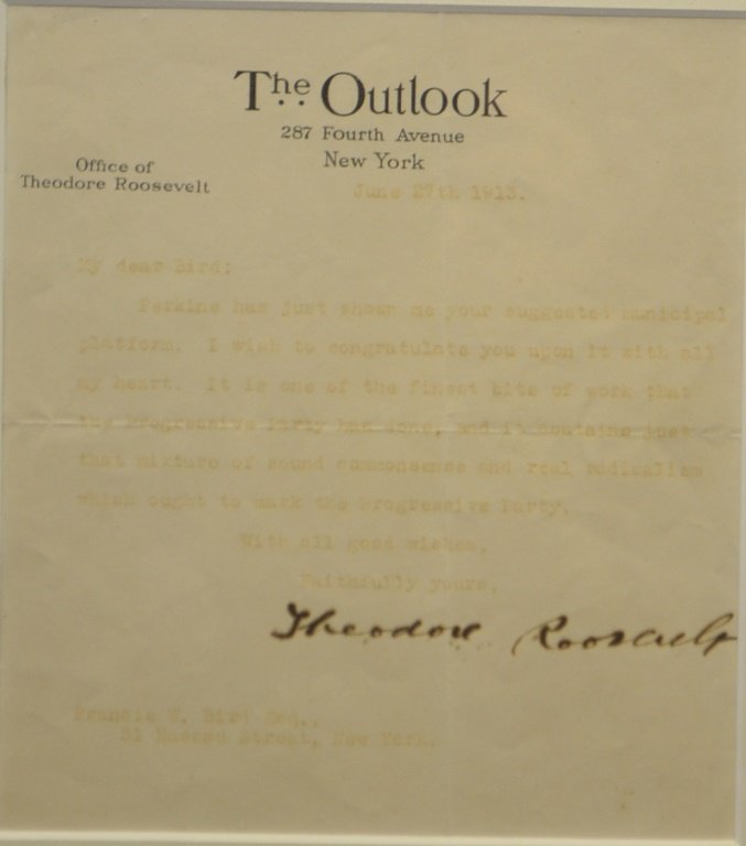 Signature of Theodore Roosevelt: Signature of Theodore Roosevelt on " The Outlook, 287 4th Ave, New York, Office of Theodore Roosevelt" Letterhead dated, June 27th, 1913. Correspondence with Francein W. Bird esq. Discussing the progr