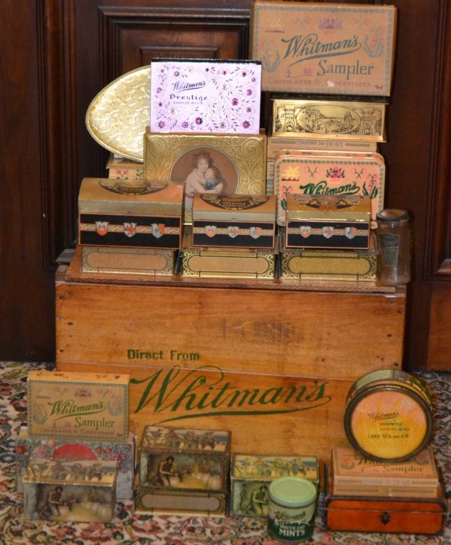 Whitman's Wooden Shipping Crate w/ Tins & Boxes: Whitman's Wooden Shipping Crate w/ Tins & Boxes measuring approx. 18"h x 26.5" x 15"d
