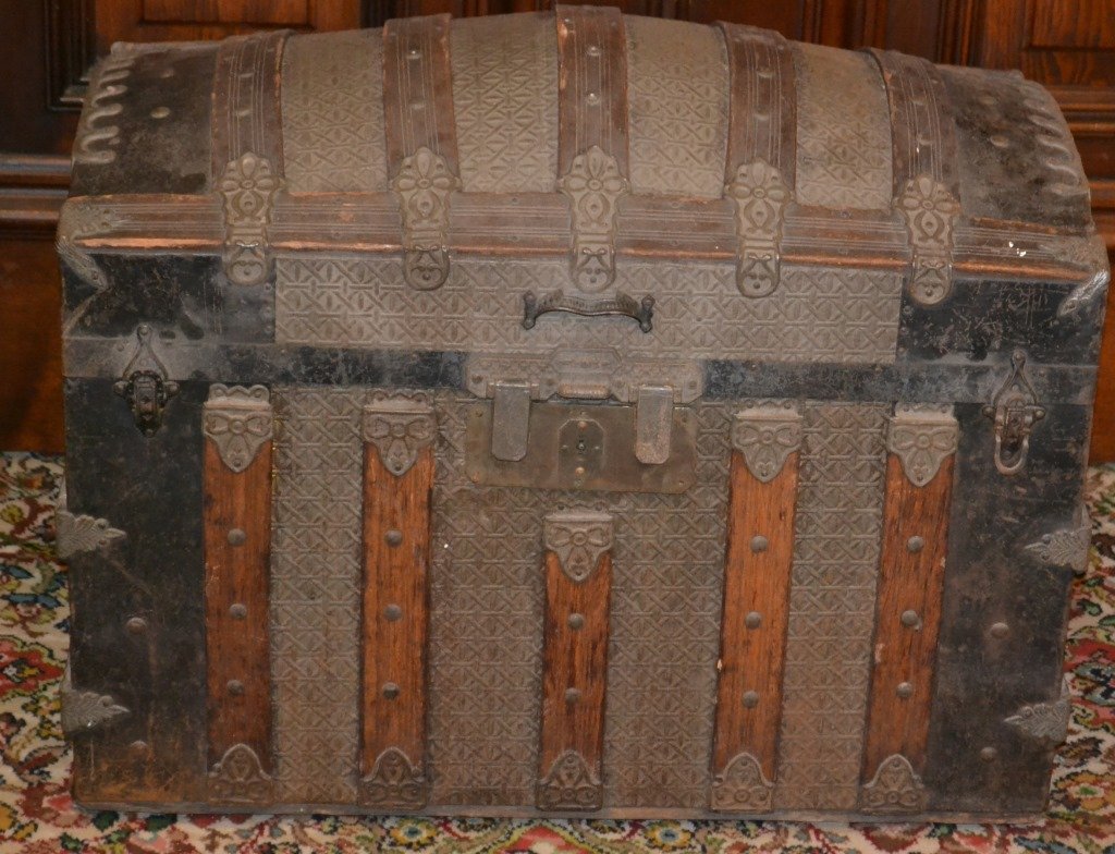 Dome Top Steamer Trunk: Dome Top Steamer Trunk with wallpaper and interior measuring approx. 22"h x 33"w x 21"d