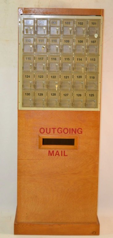 Post Office 30 Slot Mail Boxes w/ Outgoing Mail: Post Office 30 Key Mail Boxes w/ Outgoing Mail Slot measuring approx. 66"h x 24"w x 16.5"d