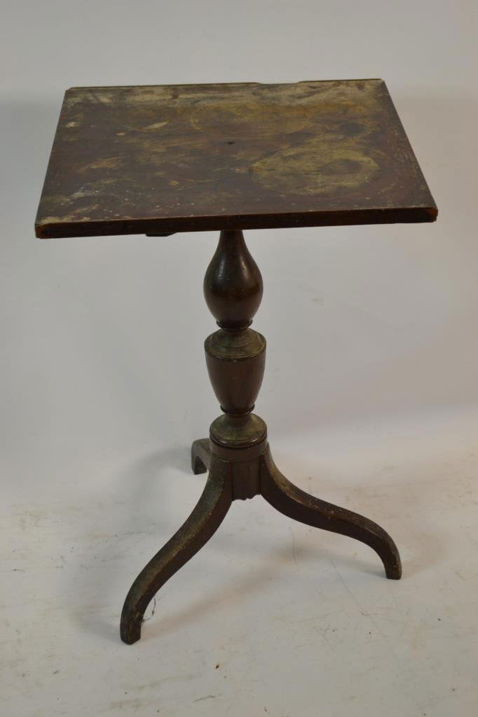 19th C Baltimore Tilt Top Tea Table: 19th C Baltimore Tilt Top Tea Table measuring approx. 28."h x 18.5"w x 18.5"d (with finish conditions and hole in top)