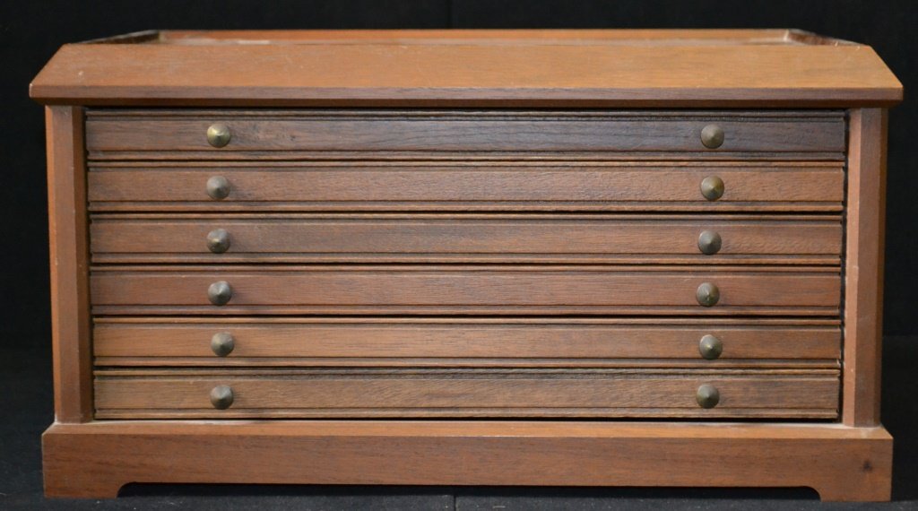 Optical Six Drawer Display Case: Optical Six Drawer Display Case, with brass handles, missing 5 drawer inserts for the lenses.