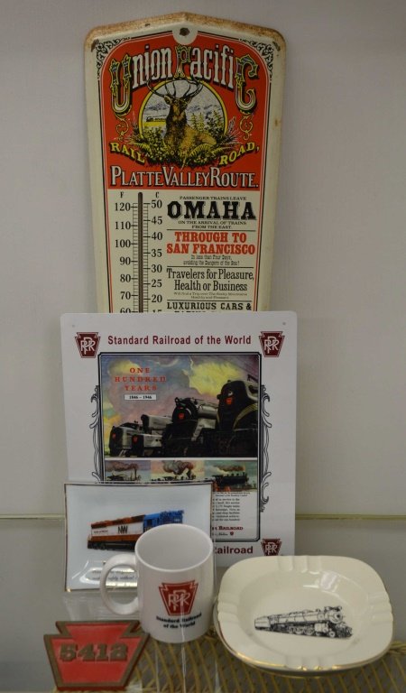 Collection of Railroad Pieces: Collection of Railroad Pieces, includes a metal Union Pacific thermometer, PRR sign, & five other pieces