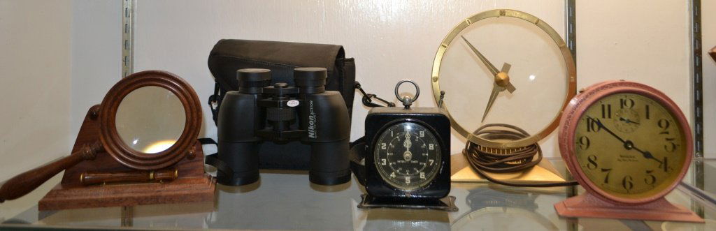 Collection of 3 Clocks & Nikon Binoculars: Collection of 3 Clocks & Nikon Binoculars, includes West Clox, Big Ben De-luxe Alarm Clock patented in 1927, Jefferson Golden Hour Electric Clock, General Electric Interval Timer, & Nikon Action 8X40