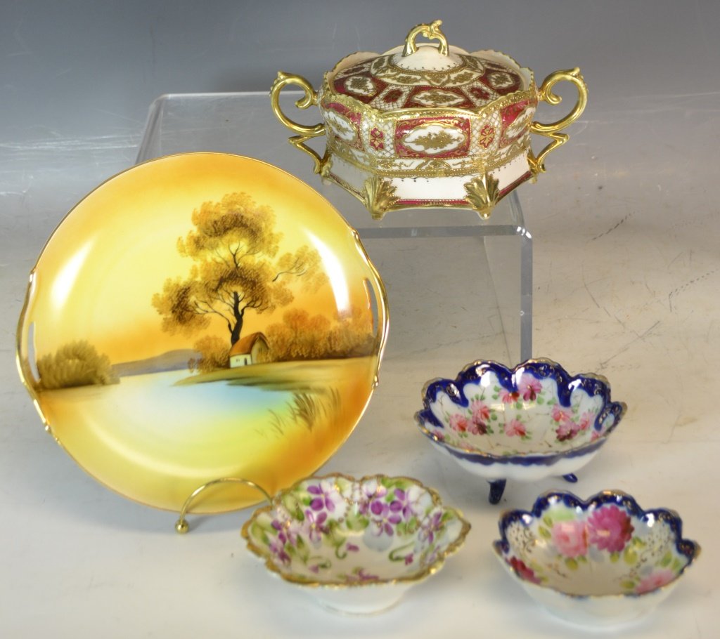 Nippon Covered Dish & 4 Other Asian Pieces: Nippon Covered Dish & 4 Other Asian Pieces, double handled covered dish with heavy gold decor, other piece is a Nipon gold decorated bowl, Noritaki cake plate & two other blue and gold decorated piece