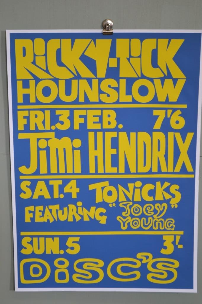 Two Jimi Hendrix Posters: Two Jimi Hendrix Posters w/ band poster 1969, measuring approx. 24"w x 36"l along with a Ricky- Tick Hounslow Promotional poster measuring approx. 23.5"w x 33"l
