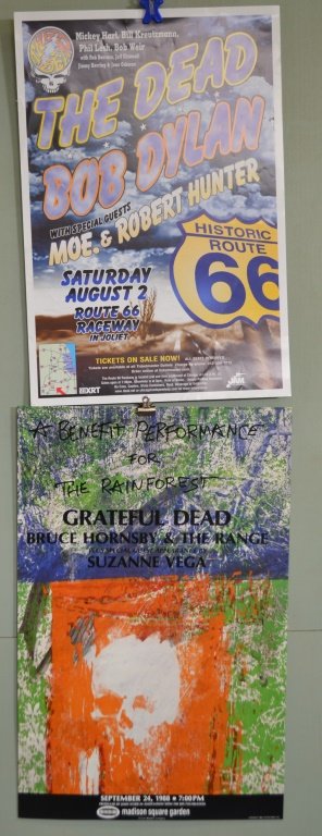Two Grateful Dead Posters: Two Grateful Dead Posters one with Bob Dylan. Measuring approx. 17"w x 25"l 2nd is a benfit poster for the Rain Forest 1988 measuring approx. 18"w x 28"l.