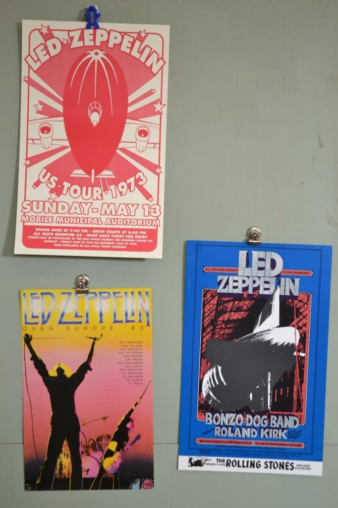 Three Led Zeppelin Posters: Three Led Zeppelin Posters, 1st Poster is with Rolling Stones, dated 1969 (not original) measuring approx. 14"x22" 2nd poster, Led Zeppelin, 1973 US Tour measuring approx. 14"x22", 3rd poster is dated