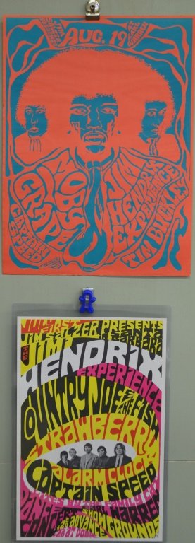 Two Jimi Hendrix Posters: Two Jimi Hendrix Posters, 1st poster not dated, features Moby Grape, measures 17.25"x 23.25" ( light ware to bottom of poster) 2nd poster, not dated, Santa Barbara measures 13.75' X 21"