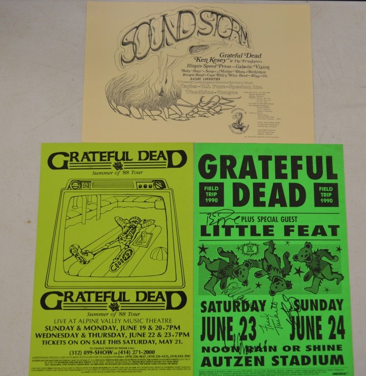 Three Grateful Dead Posters: 1990 Grateful Dead at the Autzen Stadium signed (with pin holes 11" x 17" second poster 1988 Summer Tour 11" x 17", third poster " The Sound Storm at the Aquarium Express Farm 17" x 11"