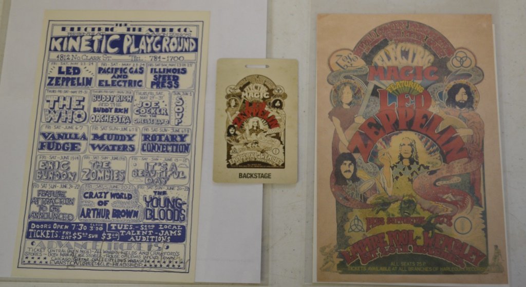 2 Led Zeppelin Hand Bills & Backstage Pass: 2 Led Zeppelin Hand Bills & Backstage Pass, first is a 1969 Led Zeppelin at Kinetic Playground also features The Who, Joe Cocker and is signed by M. Behrans who is the hand bill designer, measures 5.5