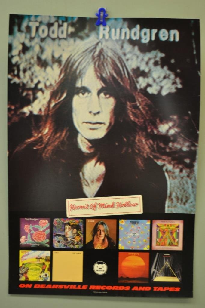 Three Todd Rundgren Posters: Three Todd Rundgren Posters; first is a 'New of Bearsville Records & Tapes' & measures 23" x 35"; second says 'Healing' and measures 35" x 23"; third is a 1979 'Hermit of Mink Hollow' poster measuring