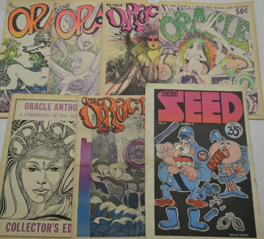 Two Big Brother & The Holding Company Hand Bills: Six S.Cal The Oracle Publications Plus Chic Seed; Oracle papers are from 1967 and feature blacklight illustrations based off of the Aquarian Age; The Seed is from the late 60s to early 70s & was a Chi