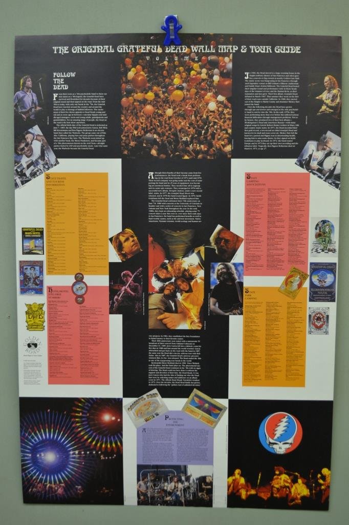 Two Grateful Dead Posters: Two Grateful Dead Posters; first is a 1982 poster showing a skeleton with a guitar & American hat, has heavy use with some rips and a missing corner & measures 24" x 37"; second is a 1994 'Grateful De