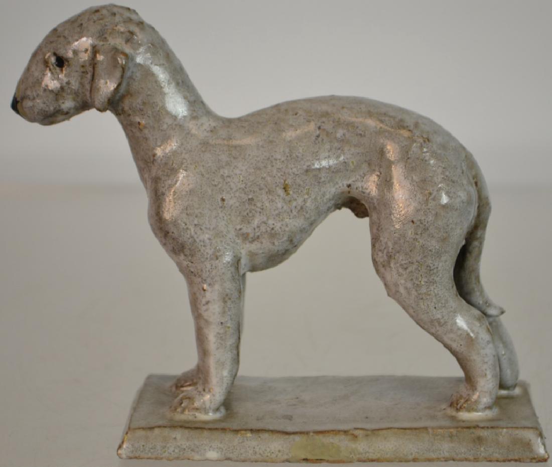 Early Redware Terrier w/ White glaze: Early Redware Terrier w/ White glaze standing on footed base approx. 4.75"