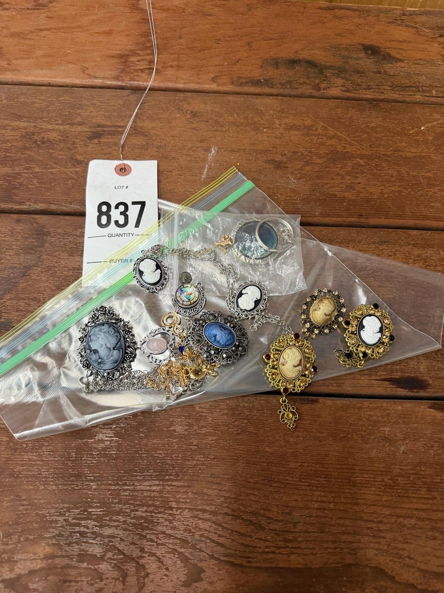 Vintage-Style Cameo Brooches and Pendants: Cameo-style brooches and pendants featuring various designs and settings, including metallic filigree and painted motifs. Items are in varying styles, potentially mixed materials, including metal and