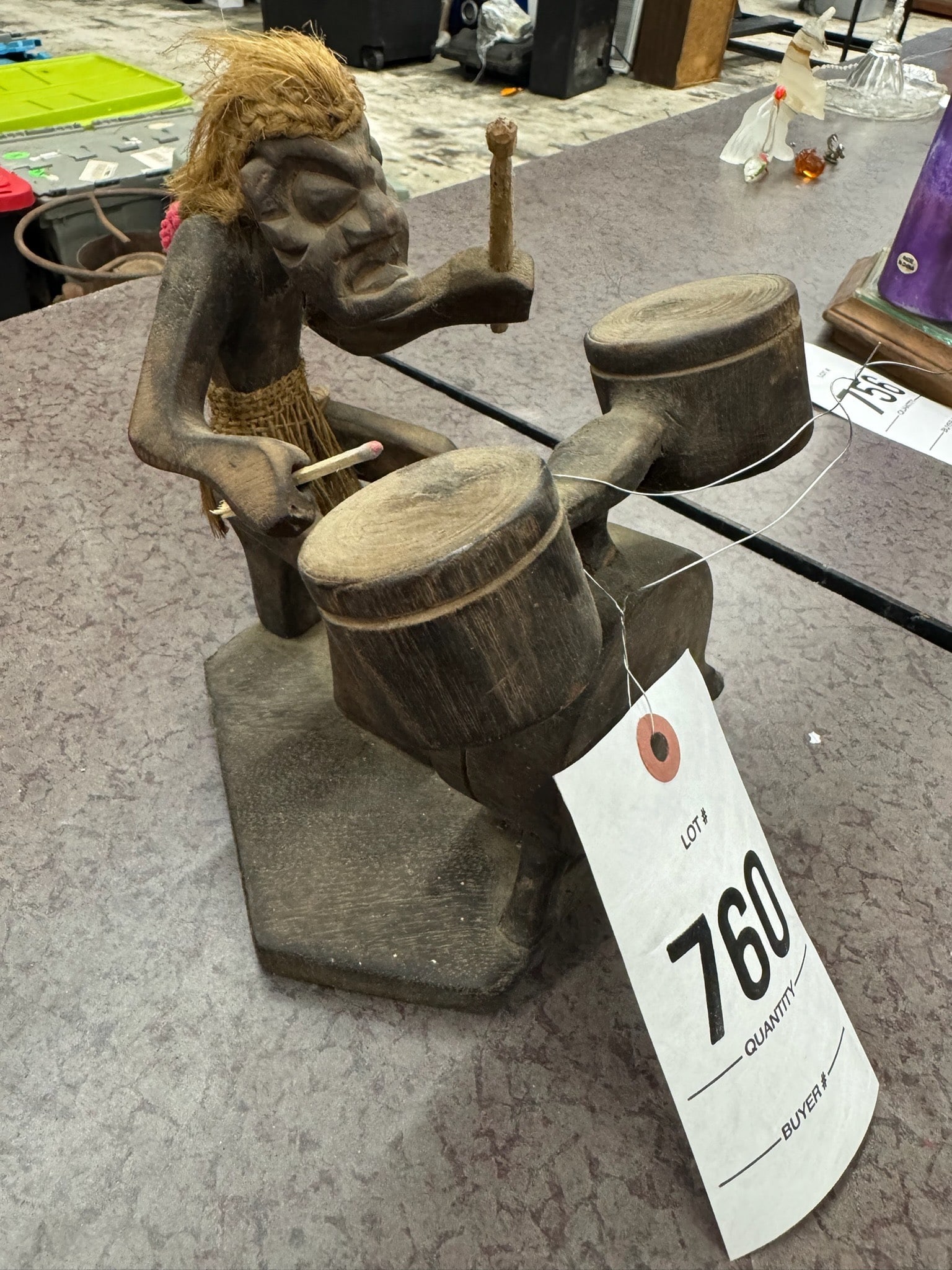 Carved Wooden Tribal Drummer Figurine with Hair Accents (1 of 2)