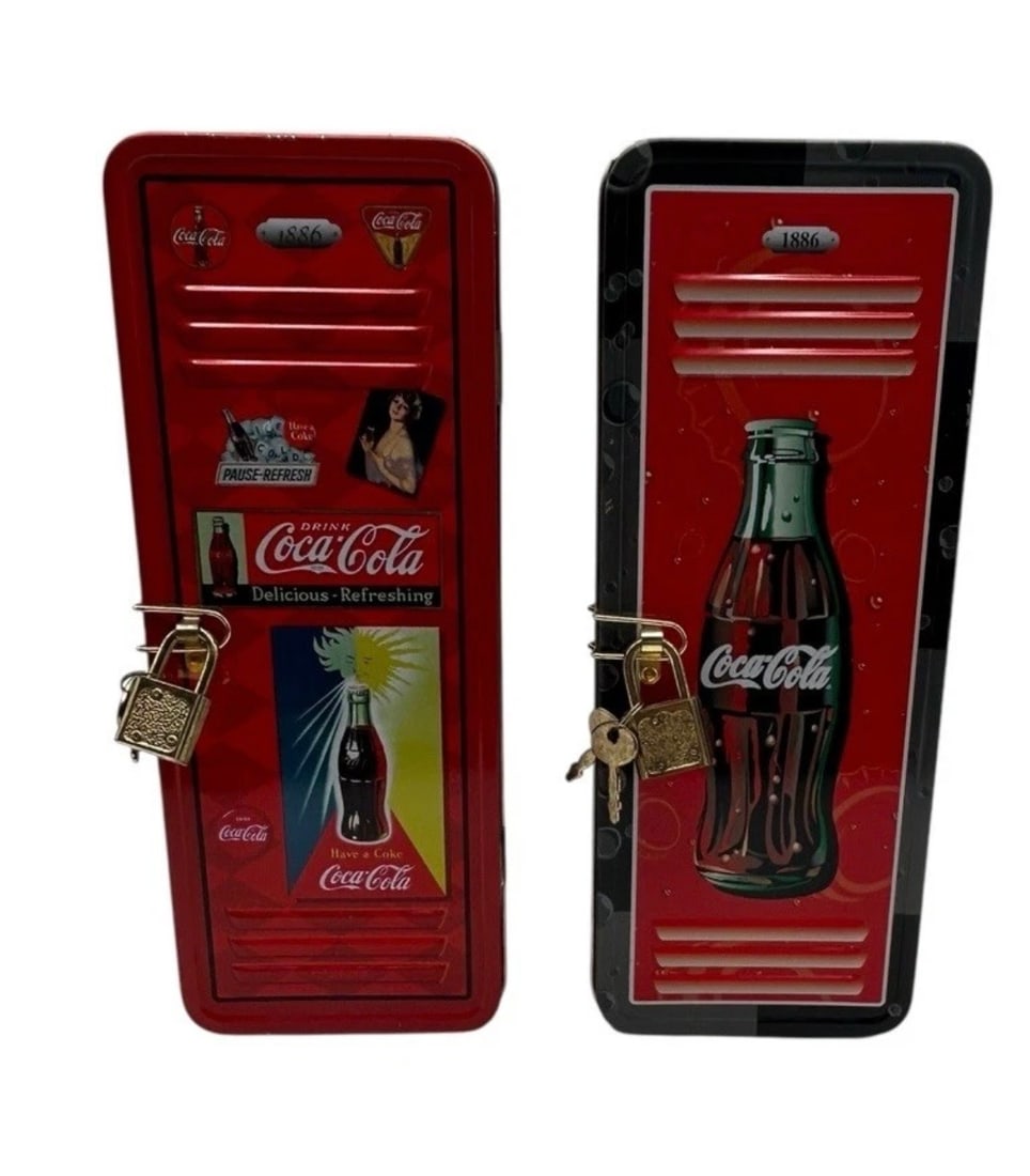 Coca Cola Soda Coke Locker Tin Red Metal Container Box Set Of Two Lock And Keys: set of two (2) vintage-style Coca-Cola collectible tin containers designed to look like classic school or gym lockers. These rectangular, vertical tins feature vibrant, high-gloss iconic Coca-Cola gra