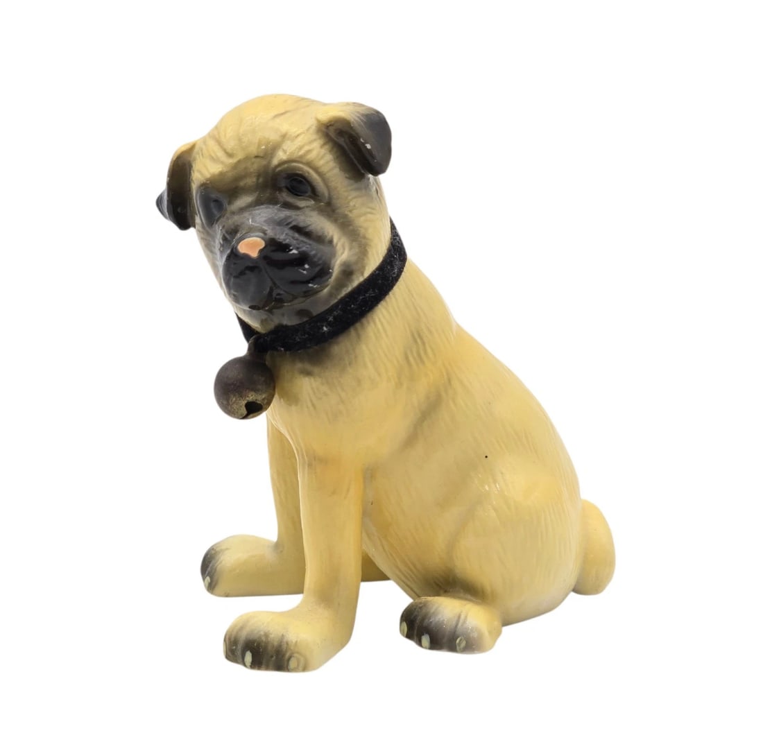 Ceramic Boxer Pug Puppy Dog Figurine - Adorable Sitting Hound with Collar & Bell: vintage ceramic figurine captures a sweet Boxer or Pug puppy sitting patiently with a tilted head expression. Complete with a molded black collar and a little hanging bell accent. Features nicely deta