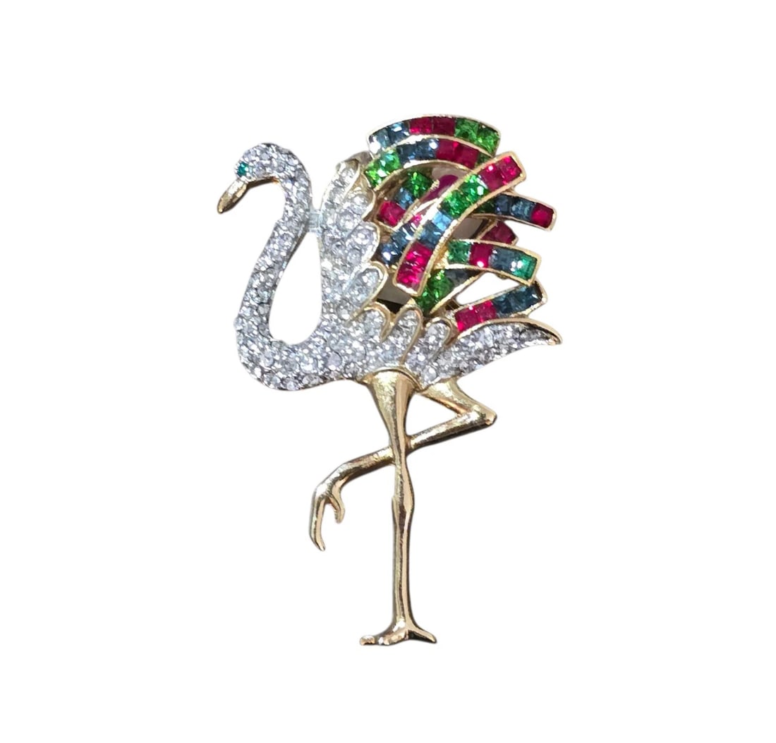 Multi-Color Rhinestone Bird Brooch - Ornate Silver-Tone Flamingo Ostrich Pin - Sparkly Statement Jew (1 of 3)