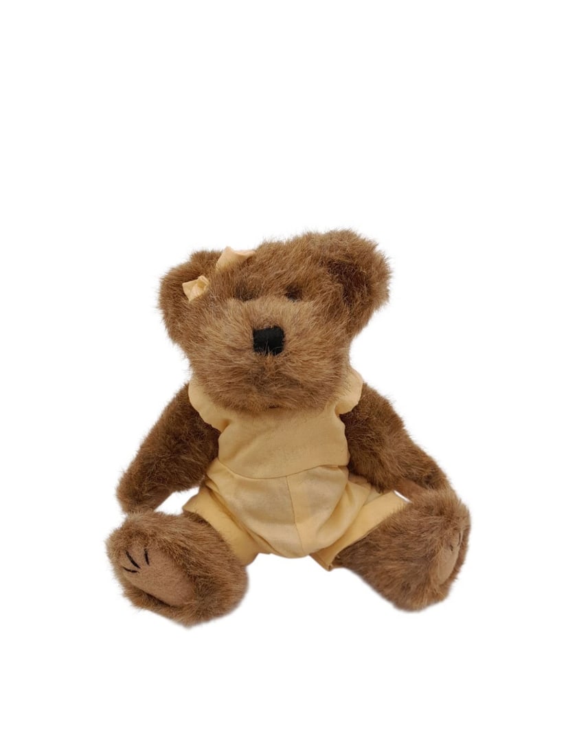 Boyds Bears Clementine McCoy Head Bean Collection Yellow Romper Collectible: This adorable miniature teddy bear is ready to find a new home! Featuring soft, fuzzy brown plush fur, dark black eyes, and a cute matching yellow bow on her ear, she comes dressed in a removable pale