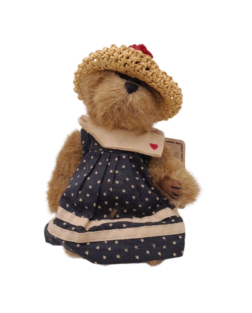 Vintage Boyds Bears Plush - Jointed Brown Bear in Navy Blue Star Dress & Woven Straw Bonnet Hat (1 of 4)