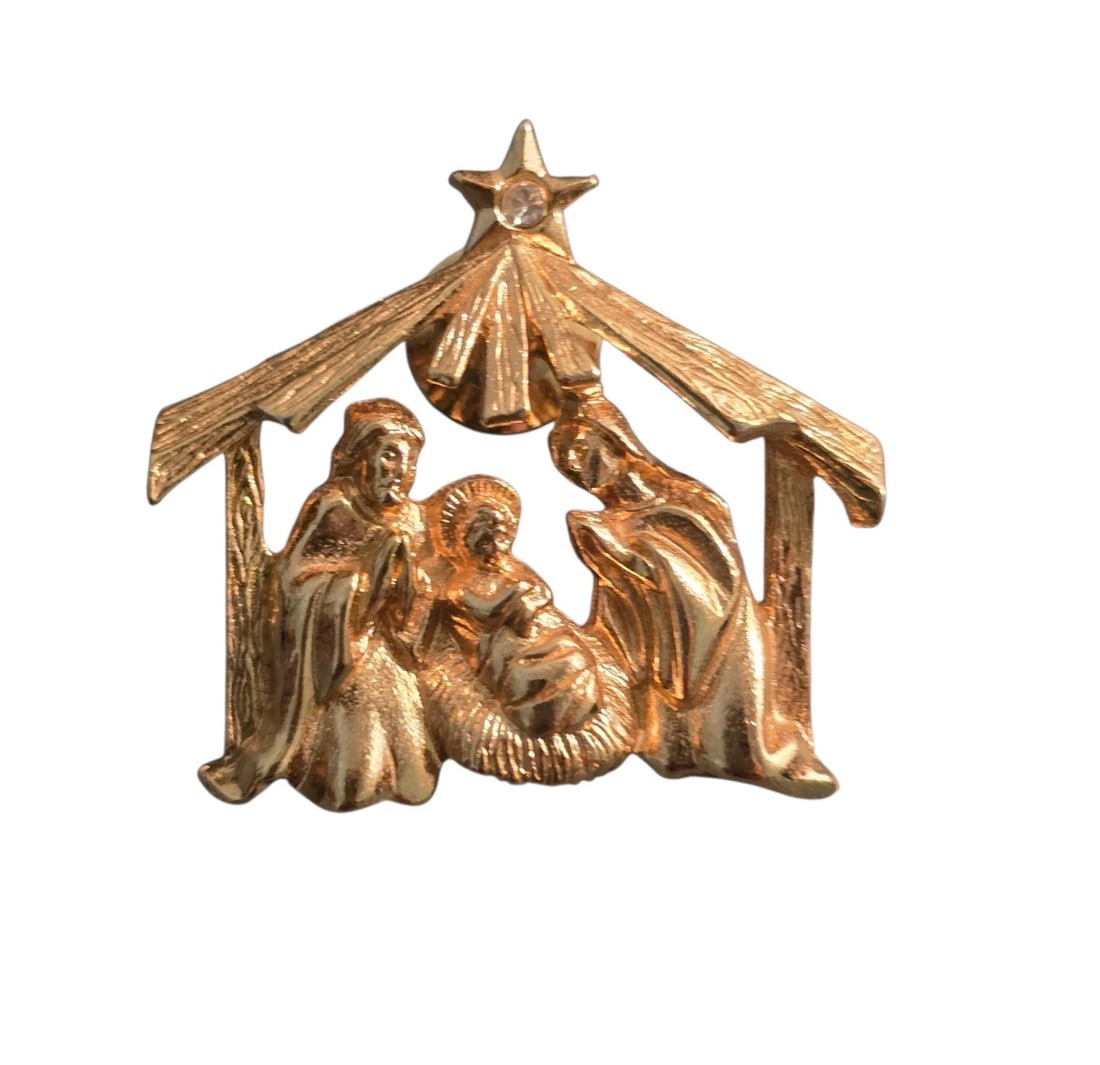 Vintage Gold-Tone Nativity Brooch - Christmas Manger Scene Holy Family Pin with Star Rhinestone Acce (1 of 3)