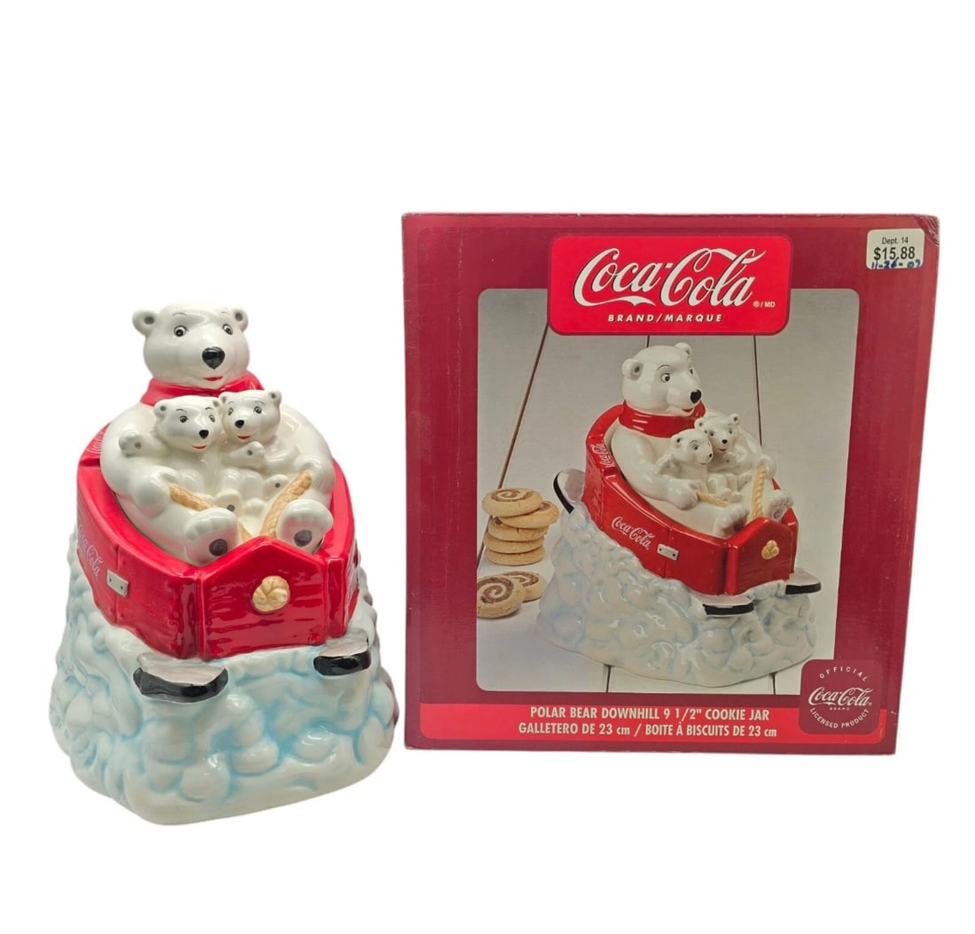 Coca-Cola Polar Bear Downhill Cookie Jar - 9.5" Ceramic Holiday Sledding Figurine with Box (1 of 8)