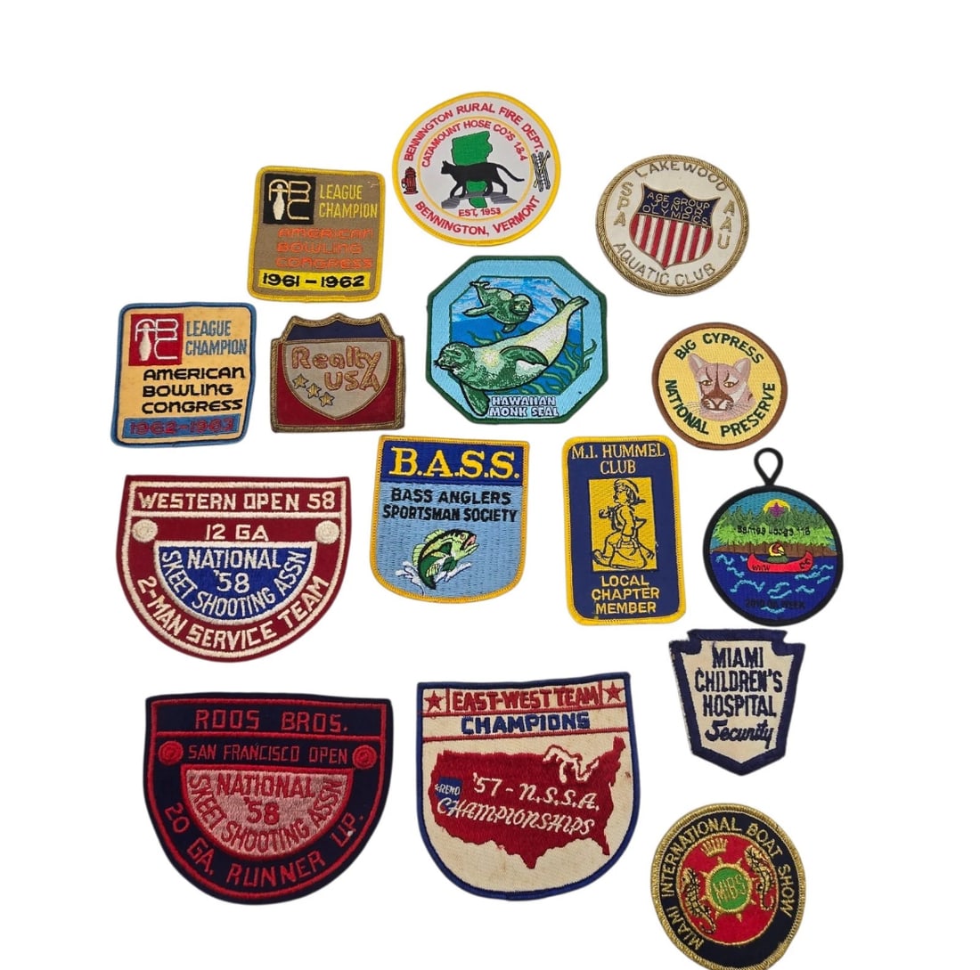 Patches Bulk Lot of 14 - Retro Sports, Wildlife, Bowling & Club Embroidered Badges: lot for collectors, resellers, or DIY crafters! This collection includes 14 vintage embroidered souvenir and achievement patches from various organizations and eras.Highlights Include: American Bowlin