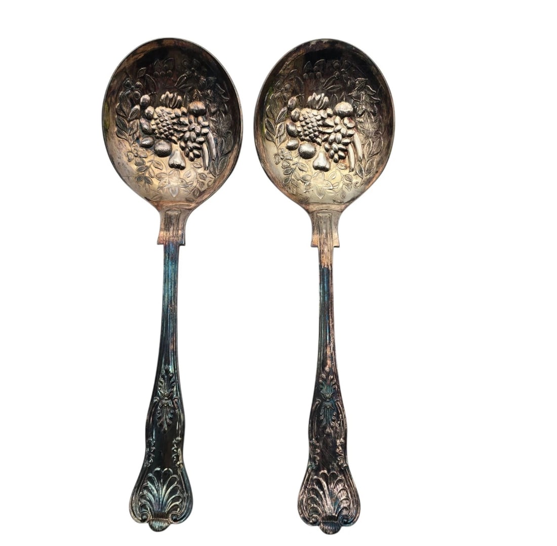 Antique Silver-Plated Embossed Berry Spoons - Pair of Ornate Fruit Pattern Serving Spoons with Patin (1 of 5)