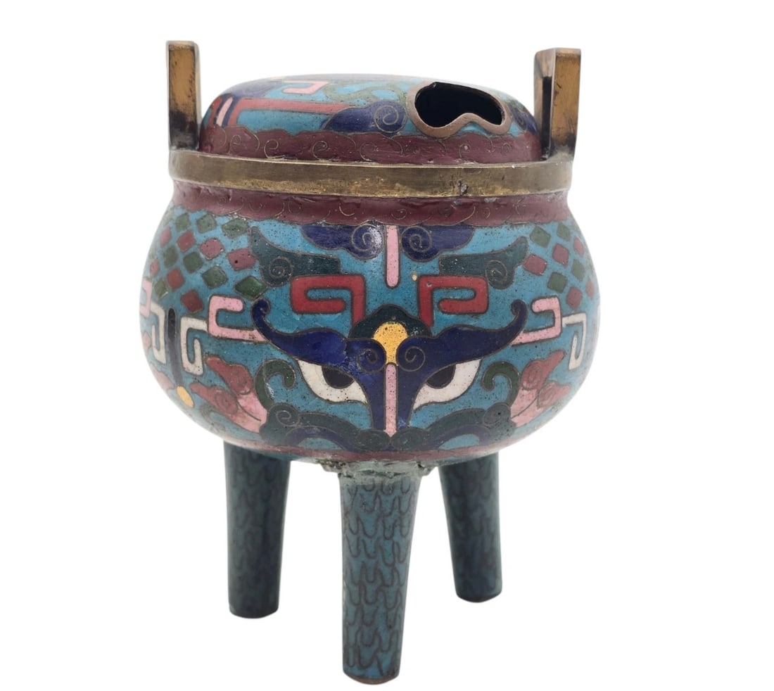 Cloisonné Enamel Archaistic Tripod Incense Burner Taotie With Lid Ming Dynasty: his striking vintage Chinese cloisonné enamel tripod censer (ding) is a beautiful example of traditional Asian decorative artistry. Featuring an intricate, multi-colored design and classic ritual arc