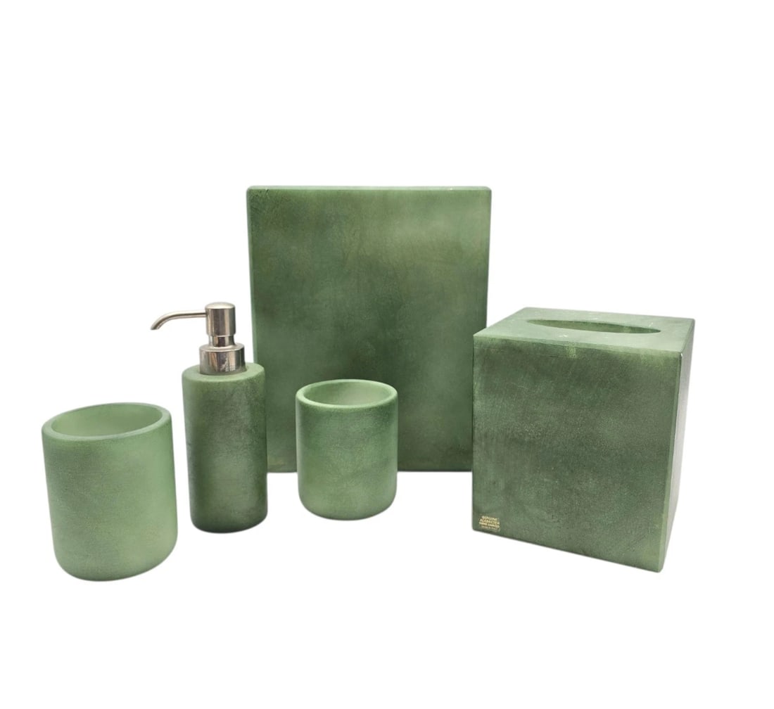 5 Piece Luminous Alabaster Bathroom Accessory Green Hand Carved In Italy (1 of 20)