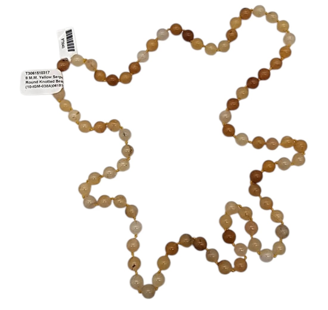 Serpentine Gemstone 8mm Round Beaded Elegant Necklace 32" Long: Materials sourced from; IndiaMain Stone Creation; NaturalColor; YellowMain Stone Color; YellowMaterial; GemstoneNecklace Length; 32 inMain Stone; SerpentineBrand; UnbrandedType; NecklaceMetal Purity; 