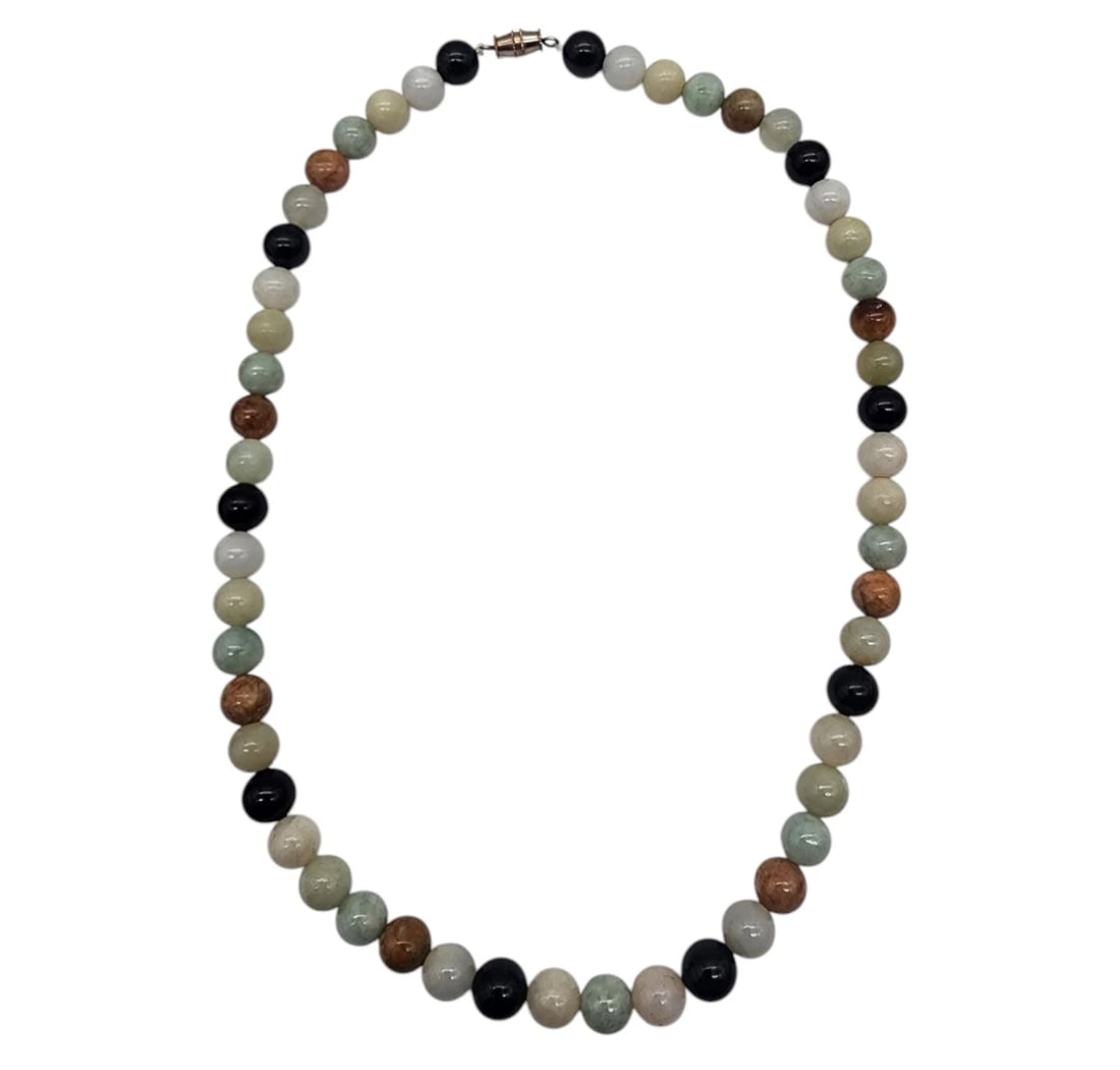 Jade Multi Color Round 9mm Beads 19" Long Unmarked: 19" long9mm beads A gorgeous estate-grade necklace composed of perfectly round, highly polished multi-colored jadeite/hardstone beads. The strand features a meticulously balanced sequence of naturally