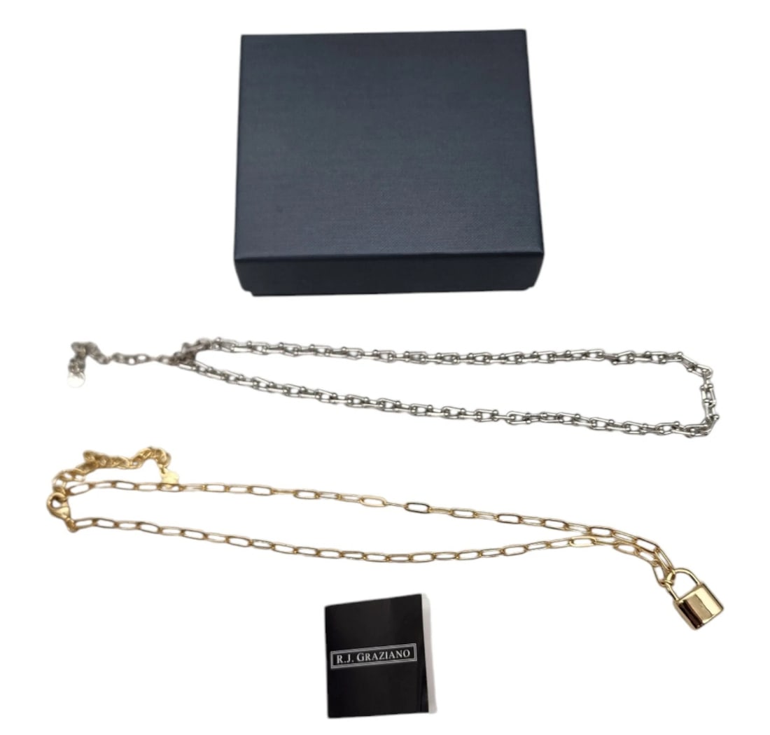 Lot Of 2 RJ Graziano Chain Link Necklace Silver & Gold Tone Adjustable: Signed designer set from R.J. Graziano, modern mixed-metal styling opportunity, on-trend paperclip and geometric links, includes a bold padlock focal charm, and comes with the original brand card and 
