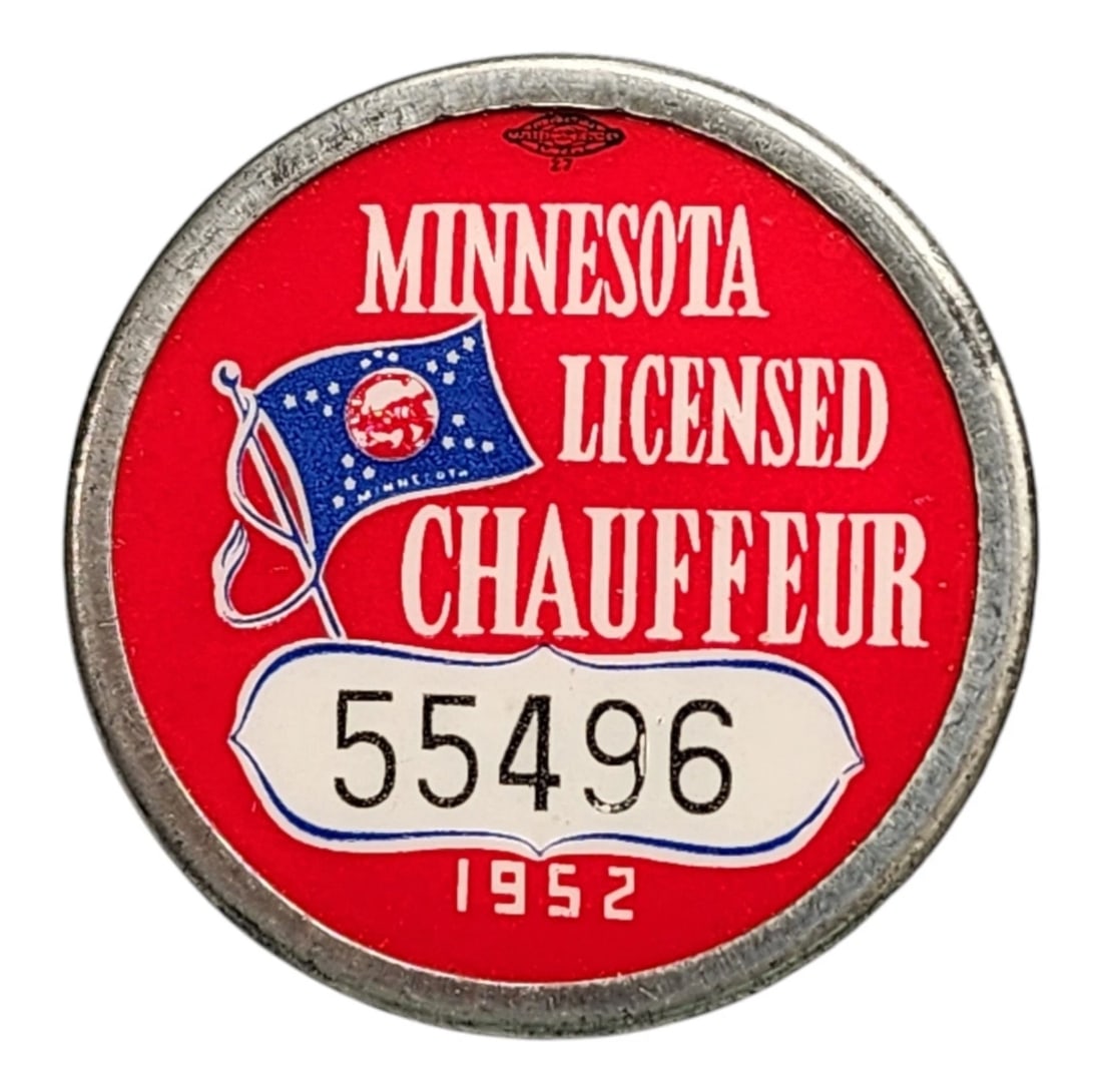 1952 Minnesota Licensed Chauffeur Metal Badge No. 55496: This design features a vibrant, deep red background enclosed in a sturdy metal frame. The center features a blue and white flag graphic next to the text "MINNESOTA LICENSED CHAUFFEUR". The unique regi