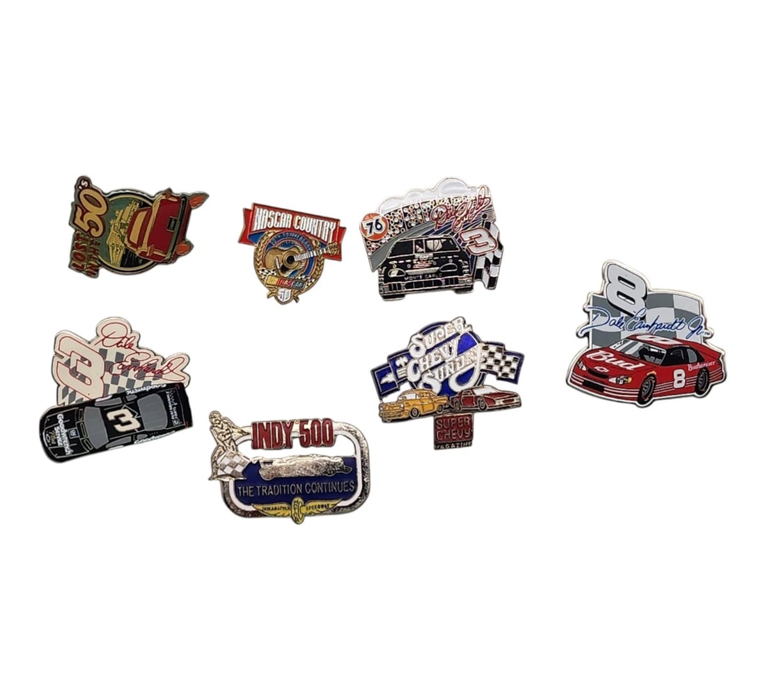 Vintage NASCAR Pin Lot of 7 - Dale Earnhardt Jr #8, Indy 500, Super Chevy - Racing Memorabilia: This variety lot includes detailed, vibrant designs perfect for any motorsports enthusiast.Included Pins:Dale Earnhardt Jr. #8 Budweiser car/chequered flag pinDale Earnhardt #3 GM Goodwrench Service P