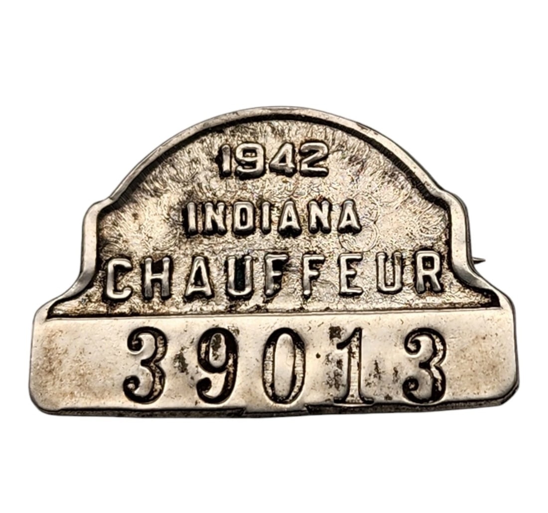 Vintage 1942 Indiana Chauffeur License Badge - Stamped Metal No. 39013 - WWII Era (1 of 3)