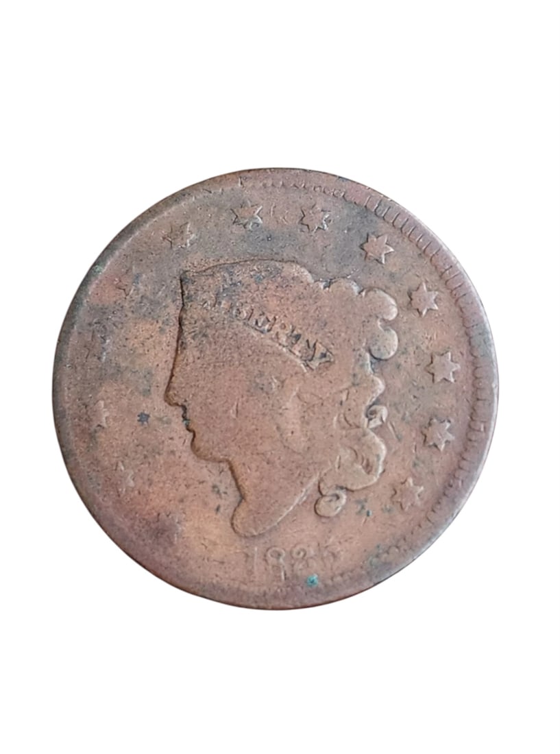 1825 Matron Head US Large Cent - Early American Copper Coin - Coronet Liberty: authentic piece of early American numismatic history: an 1825 United States Matron Head (also known as Coronet Head) Large Cent, as shown in image_71719f.jpg. Struck from solid copper, the obverse fea