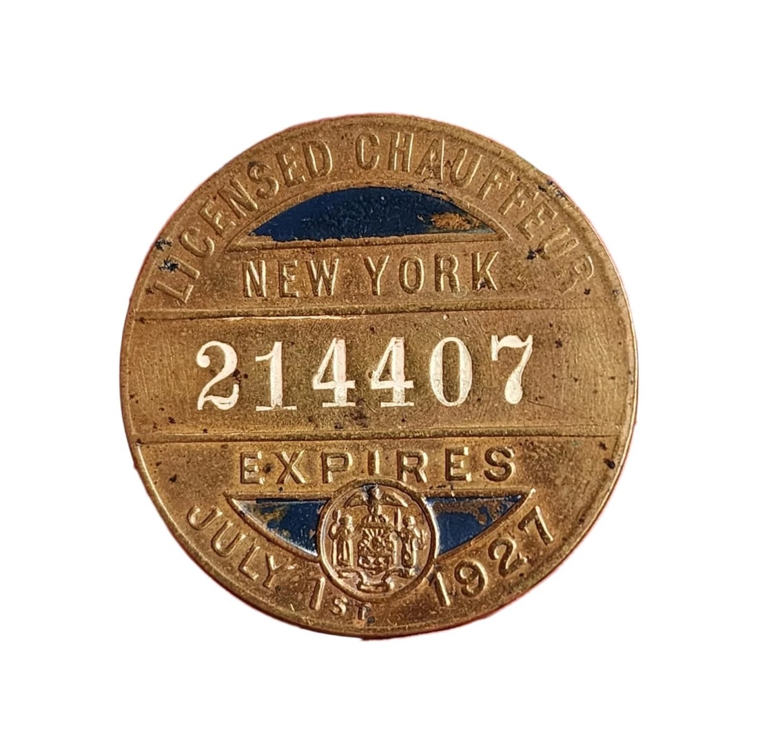 Vintage 1927 New York Licensed Chauffeur Badge - Stamped Brass No. 214407 - Blue Enamel (1 of 2)