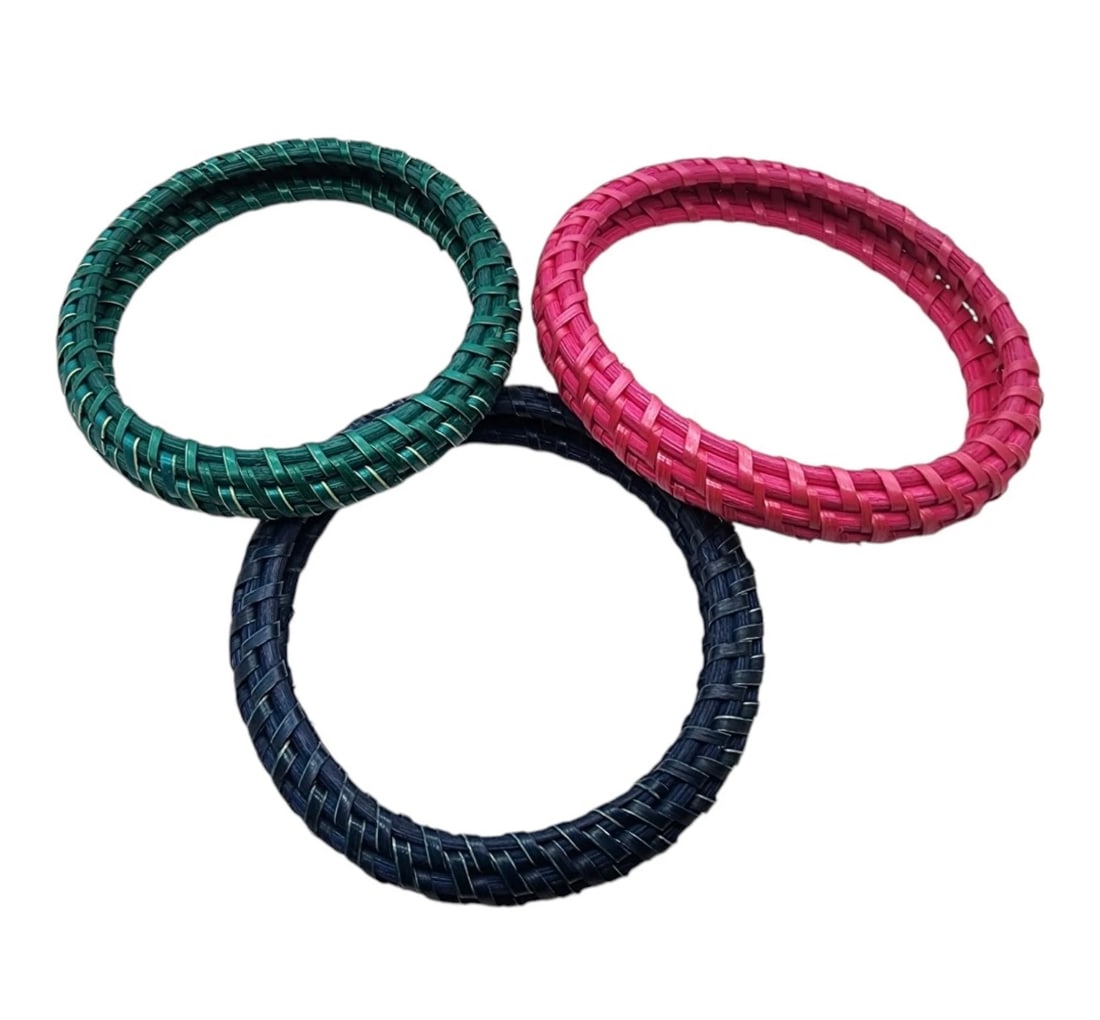 Vintage Woven Rattan Straw Bangle Bracelets - 3 Piece Lot - Pink Green Blue Wicker (1 of 5)