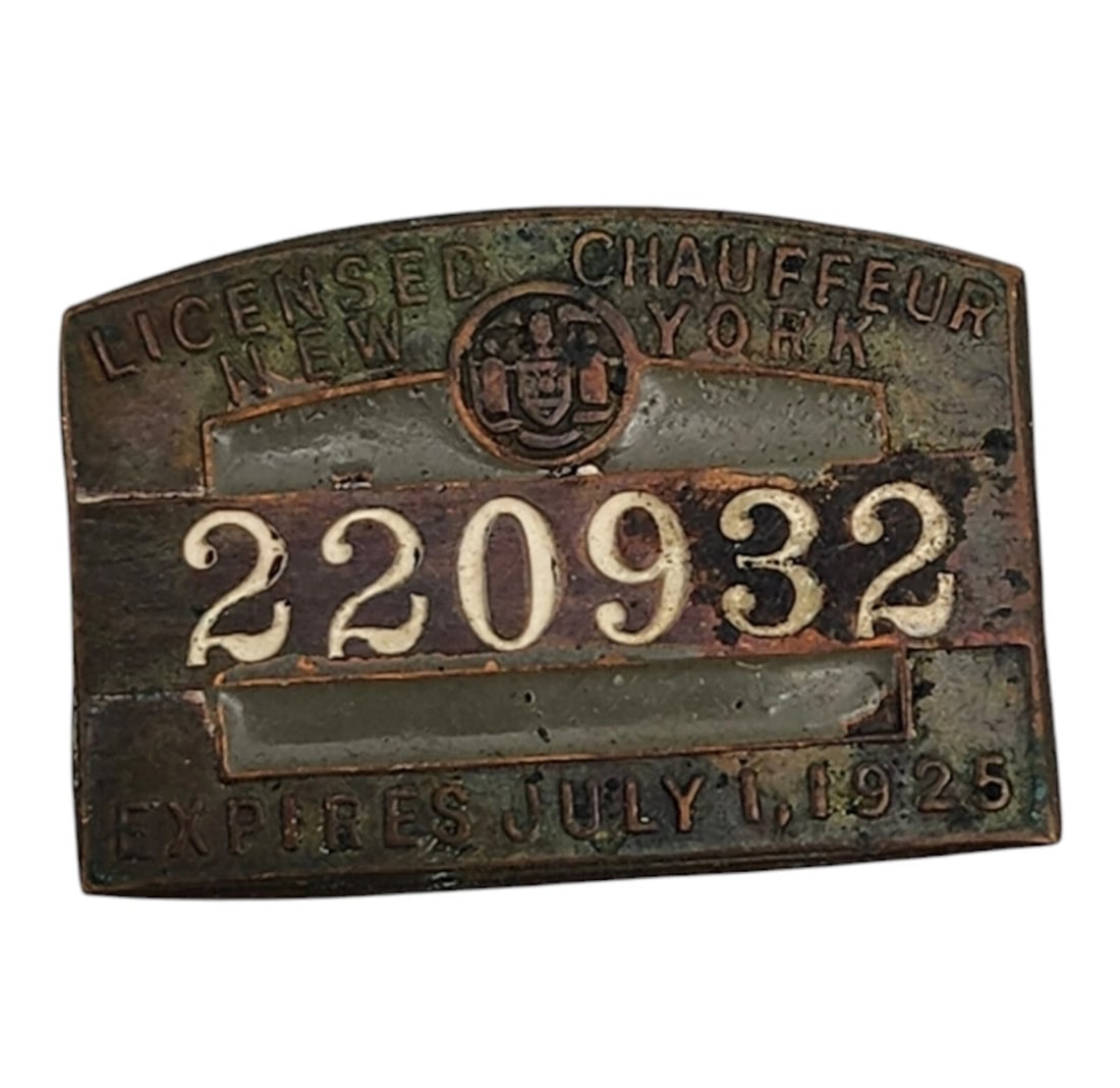 Rare Vintage 1925 New York Licensed Chauffeur Badge - Stamped Brass No. 220932 - Early Transit (1 of 4)